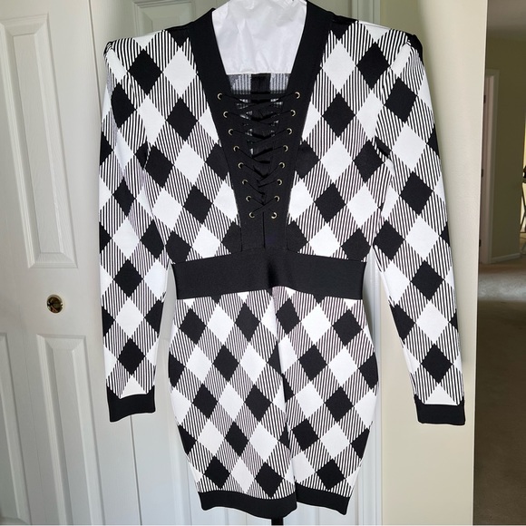 Balmain Gingham Jacquard Lace-Up Dress – Size 40 (Excellent Condition) - Picture 4 of 11